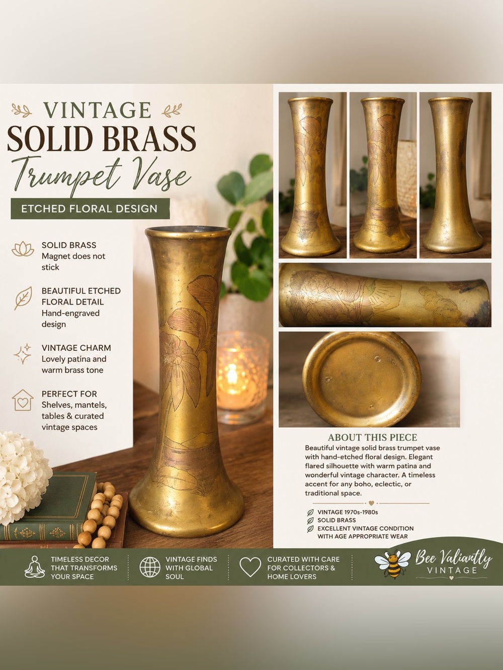 Vintage Solid Brass Trumpet Vase - Gold Floral Etched Accent